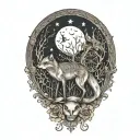 Fox and spider and witch and moon intertwined tattoo design idea