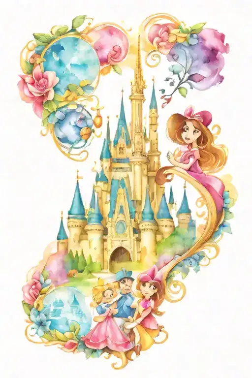 family at Disney castle tattoo design idea