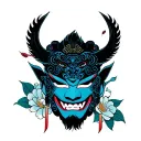 raijin, fujin, fill in with peony, oni mask, hannya mask, and peony tattoo design idea