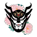 raijin, fujin, fill in with peony, oni mask, hannya mask, and peony tattoo design idea