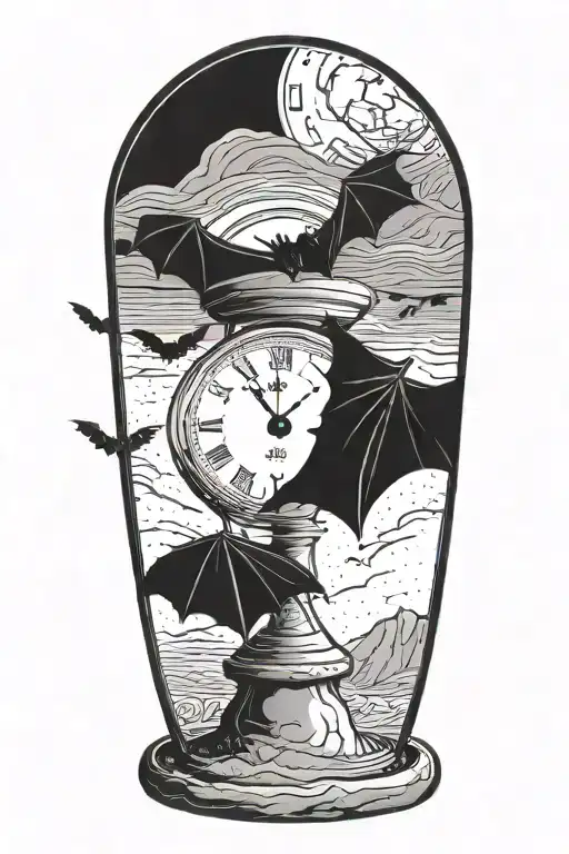 Dark scenery. A big bat wrapping an hour glass with the sand of time. Chaotic and morbid background. Terror and dread. tattoo design idea