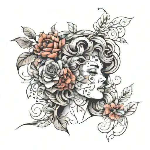 floral lady head tattoo design idea