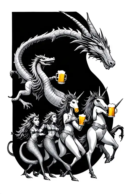 dragon leading parade of mermaid, unicorn, and knight. They are all drinking beer in beer mugs tattoo design idea