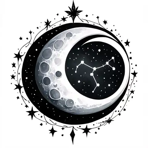 waxing crescent moon with leo constellation tattoo design idea