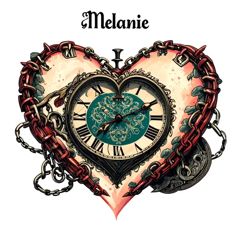 "Mélanie" clock heart chains tattoo design idea