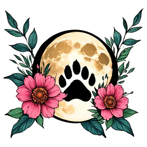 flower moon  paw print tattoo design idea