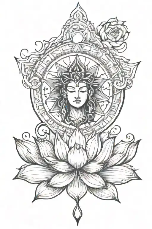 Based on Capricorn, Sun, moon, wisdom, strength, lotus, good luck, saturn, feminie energy, strength, health, positivity tattoo design idea
