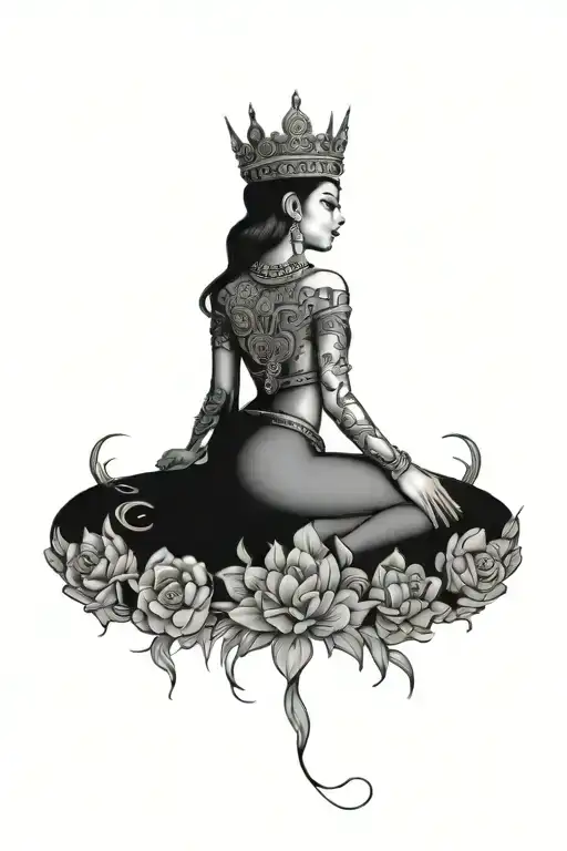 apsara crown and jewelry with sak yang, and naga, and flowers tattoo design idea