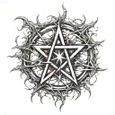 Demonic, Satanic Pentagram, bleeding heart  bloody metal thorns, Satanism. Burning satanic pentagram, burn scar. tattoo design idea