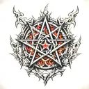 Demonic, Satanic Pentagram, bleeding heart  bloody metal thorns, Satanism. Burning satanic pentagram, burn scar. tattoo design idea