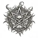 Demonic, Satanic Pentagram, bleeding heart  bloody metal thorns, Satanism. Burning satanic pentagram, burn scar. tattoo design idea