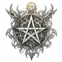 Demonic, Satanic Pentagram, bleeding heart  bloody metal thorns, Satanism. Burning satanic pentagram, burn scar. tattoo design idea