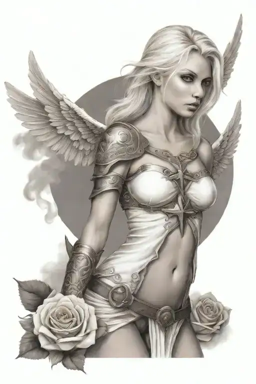 a sexy blond female angel as a warrior with some clouds, a rose and a Cross for a halfsleeve tattoo tattoo design idea