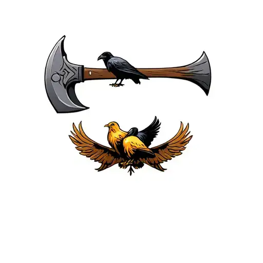 three birds sitting on horizontal viking axe. Birds are golden eagle, bald eagle, raven. Nordic tattoo design idea