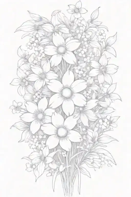 daisies and daffodils bouquet with sprinkling of cherry blossoms, snow drops, violets, filler, stems tattoo design idea