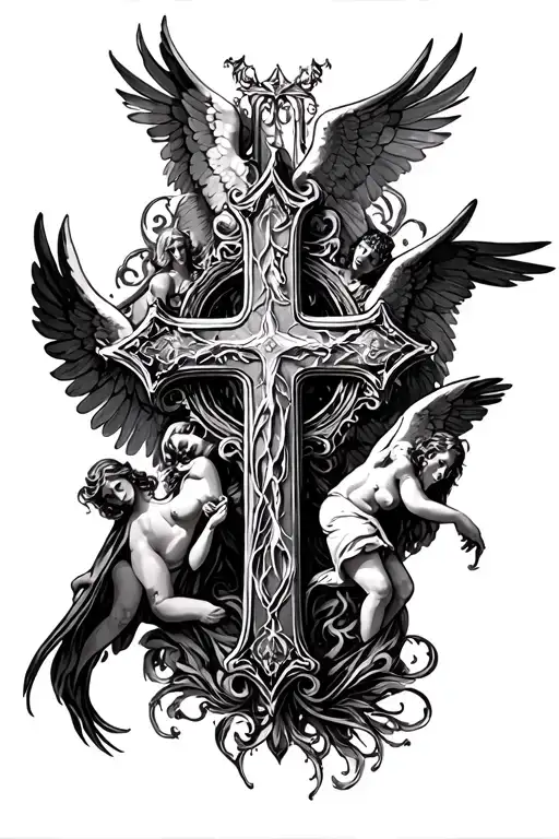 gothic cross surrounded by angels tattoo design idea