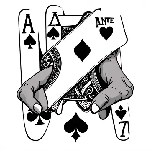 "ANTE UP" 7 of diamonds 2 of hearts in one hand  and ace of clubs ace of spades in another hand tattoo design idea