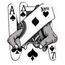 "ANTE UP" 7 of diamonds 2 of hearts in one hand  and ace of clubs ace of spades in another hand tattoo design idea
