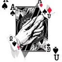 "ANTE UP" 7 of diamonds 2 of hearts in one hand  and ace of clubs ace of spades in another hand tattoo design idea