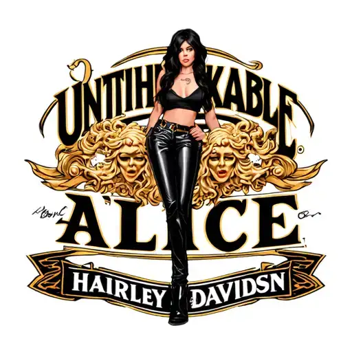 "Unthinkable Alice " sexy brunette with black leather pants black top with gold Medusa head Logo gold trimming black and gold Harley Davidson tattoo design idea