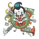 sleeve tattoo for hand with rolls of money the word hustle in bold a designer chain around around and evil clowns neck  tattoo design idea