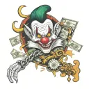 sleeve tattoo for hand with rolls of money the word hustle in bold a designer chain around around and evil clowns neck  tattoo design idea