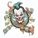 sleeve tattoo for hand with rolls of money the word hustle in bold a designer chain around around and evil clowns neck  tattoo design idea