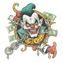 sleeve tattoo for hand with rolls of money the word hustle in bold a designer chain around around and evil clowns neck  tattoo design idea