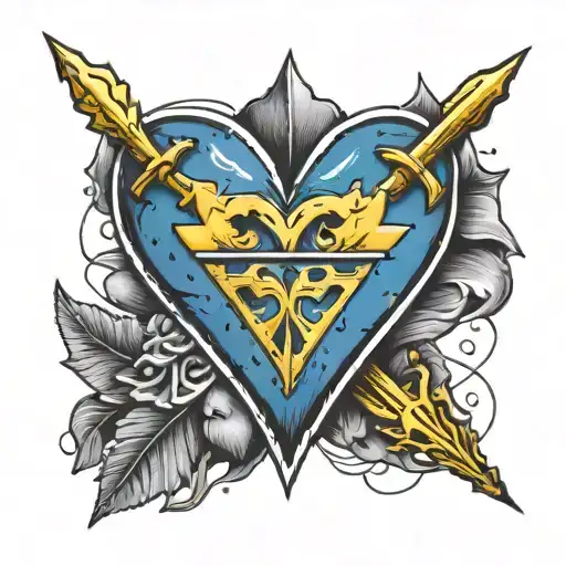 blue and yellow heart shape, three arrowheads, Baby Huw written tattoo design idea