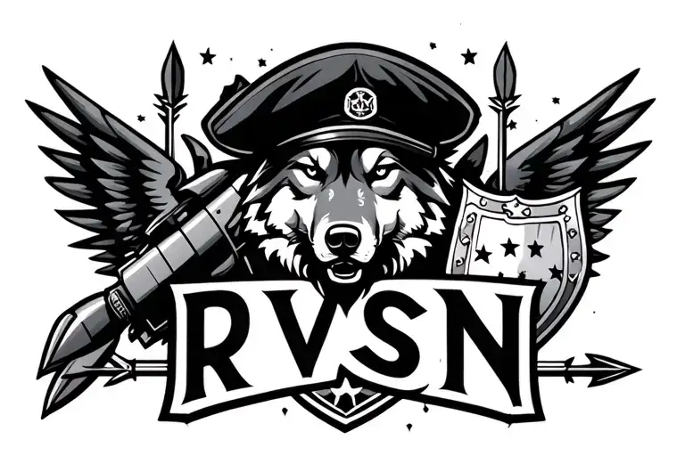 "In Russian, the words "RVSN" are written below" A wolf in a black beret with a cockade of stars in the background is a large rocket with arrows on the sides and a shield and wings on the sides tattoo design idea