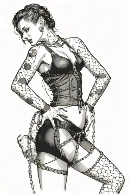 sexy woman in bondage underwear standing facing left tattoo design idea