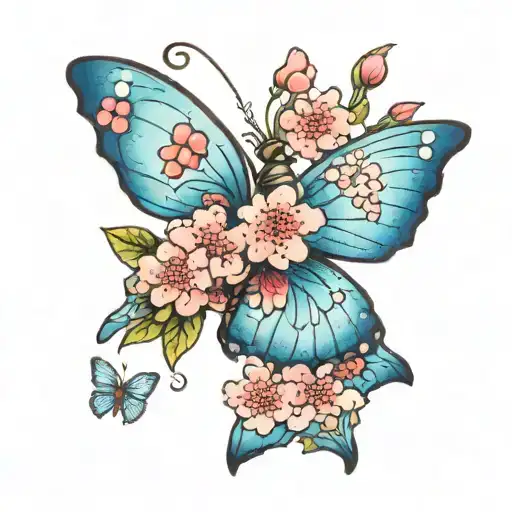 blue butterfly with cherry blossoms tattoo design idea