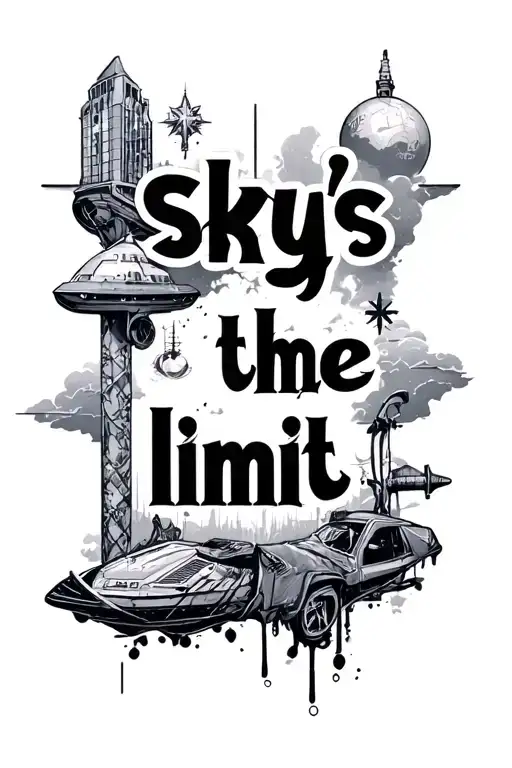 the text "sky's the limit" with the letter with background of different objects defining the height as the tatto goes up tattoo design idea