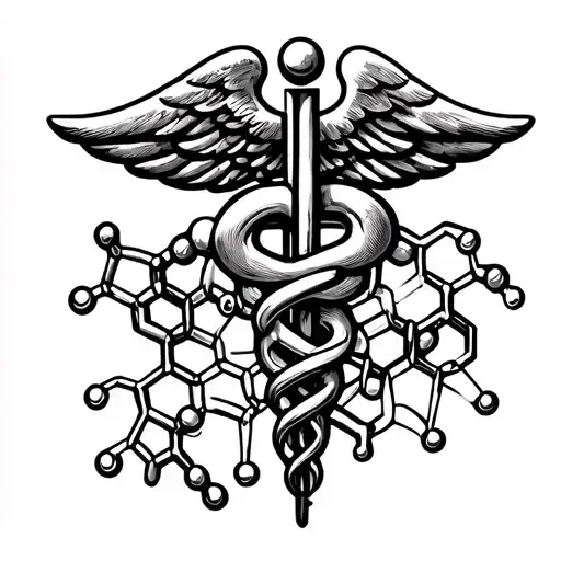 A molecular structure of a popular medication intertwined with a caduceus symbol, symbolizing the healing power of medicine tattoo design idea