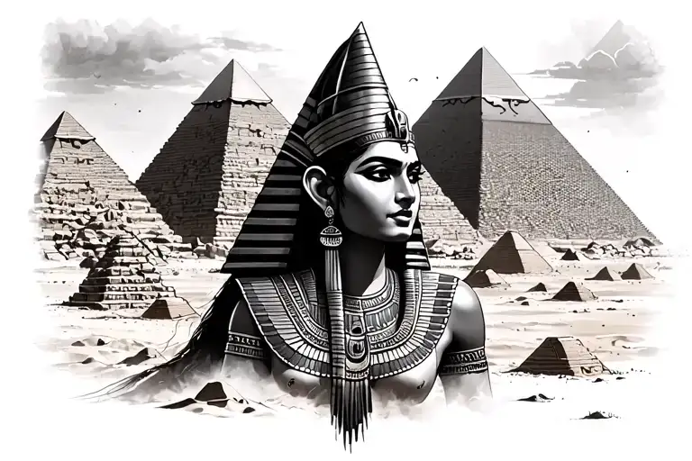 Egyptian goddess looking over pyramids of Giza surrounded by sand tattoo design idea