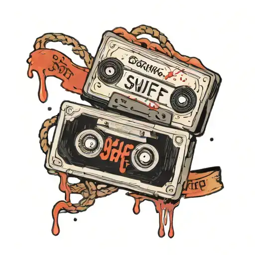 A bloody VHS tape with the word "SNUFF" written on the tape.  tattoo design idea