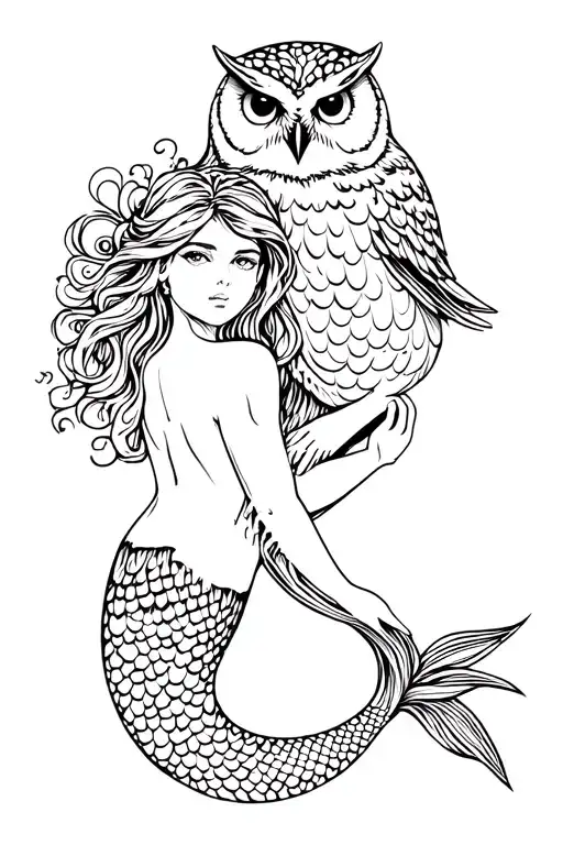 mermaid and owl tattoo design idea