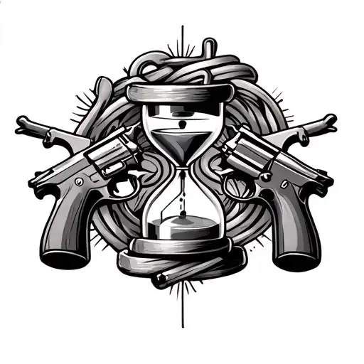 Bonnie and Clyde guns and handcuffs wrapped around an hourglass tattoo design idea