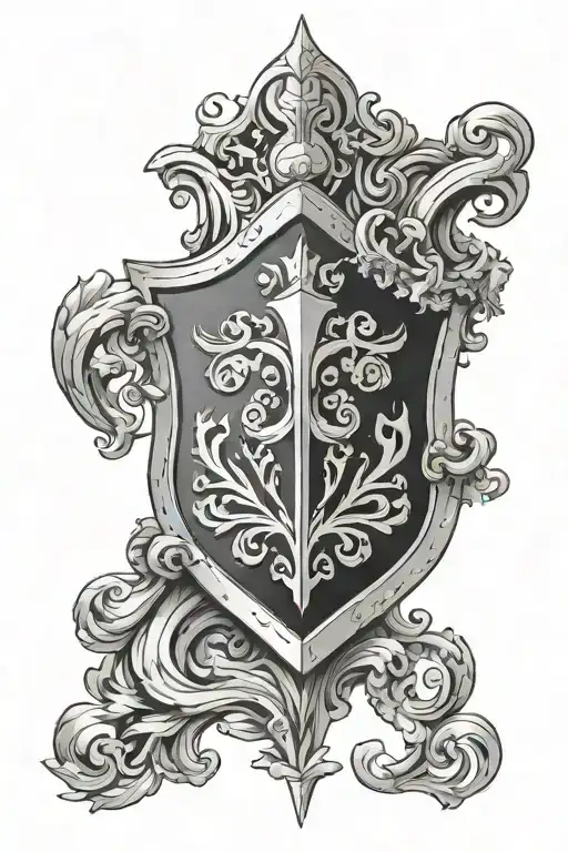 fantasy shield with scroll tattoo design idea
