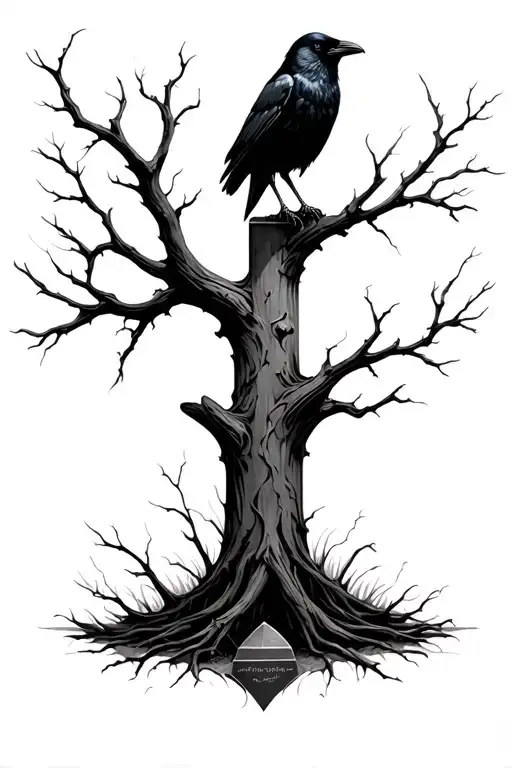 crow , graveyard, dead tree tattoo design idea
