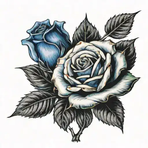 one red rose & one blue rose, blue rose bigger than red rose, in the fire, high contrast, black background tattoo design idea