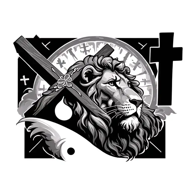 lion with Jesus Christ carrying cross or in the background there is crosses and fit yingyang somwhere tattoo design idea