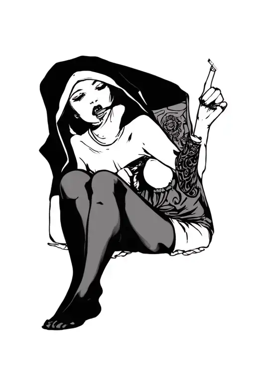 girl with legs spread in stockings shows middle finger in mouth she has cigarette in the form of a nun tattoo design idea