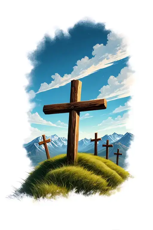 rolling grassy hills with 3 wooden crosses far away in background with mountain range behind it tattoo design idea