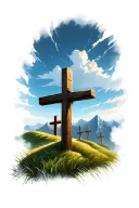 rolling grassy hills with 3 wooden crosses far away in background with mountain range behind it tattoo design idea