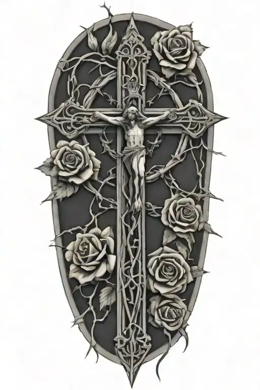 cross wrapped in barbed wire with roses with thorns and jesus tattoo design idea