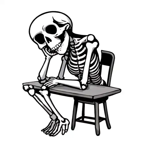 Cute cartoon skeleton sitting and leaning her head on the right hand. Her left elbow is on the table  tattoo design idea