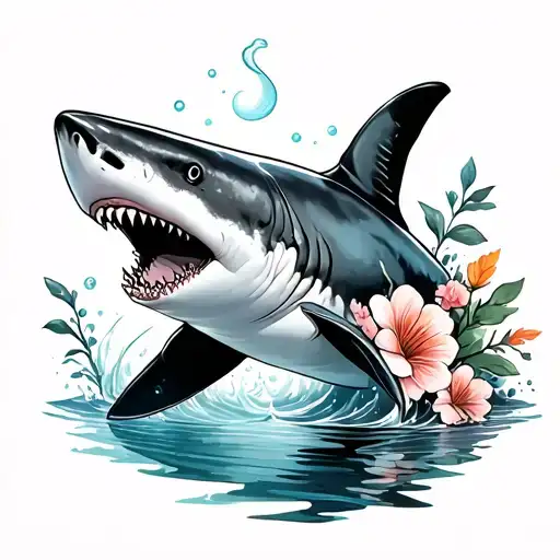 Shark with water and flowers tattoo design idea