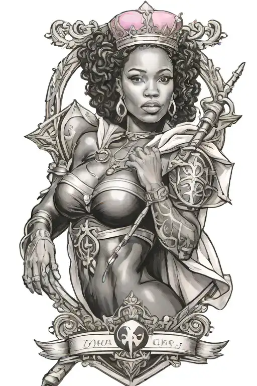 Black woman wearing a crown, cloaked in breast cancer ribbon, holding staff and shield, flexing her bicep tattoo design idea