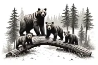 two parent bears and 3 cubs in forest add additional cub on right, on log, same size as last cub tattoo design idea